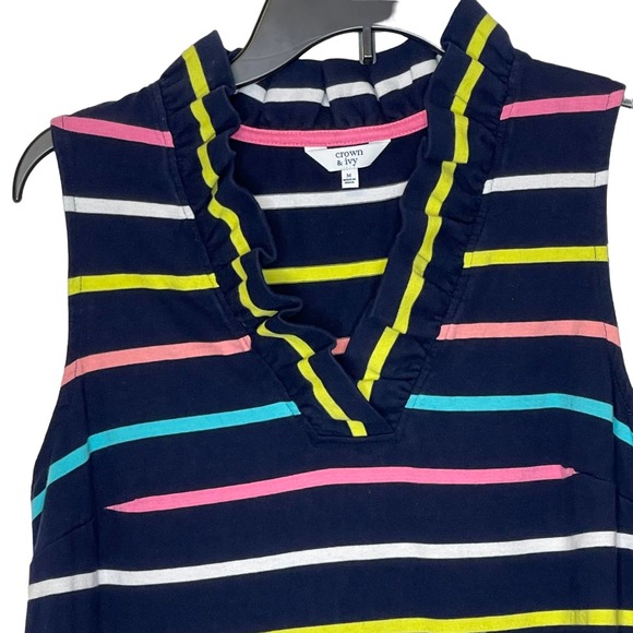 Crown & Ivy Ruffle V-Neck Navy Striped Sleeveless Dress Casual Career Job Medium - Picture 2 of 8